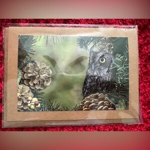 Set of 6 - Handcrafted Holiday Photo Greeting Card - Screech Owl in Wreath